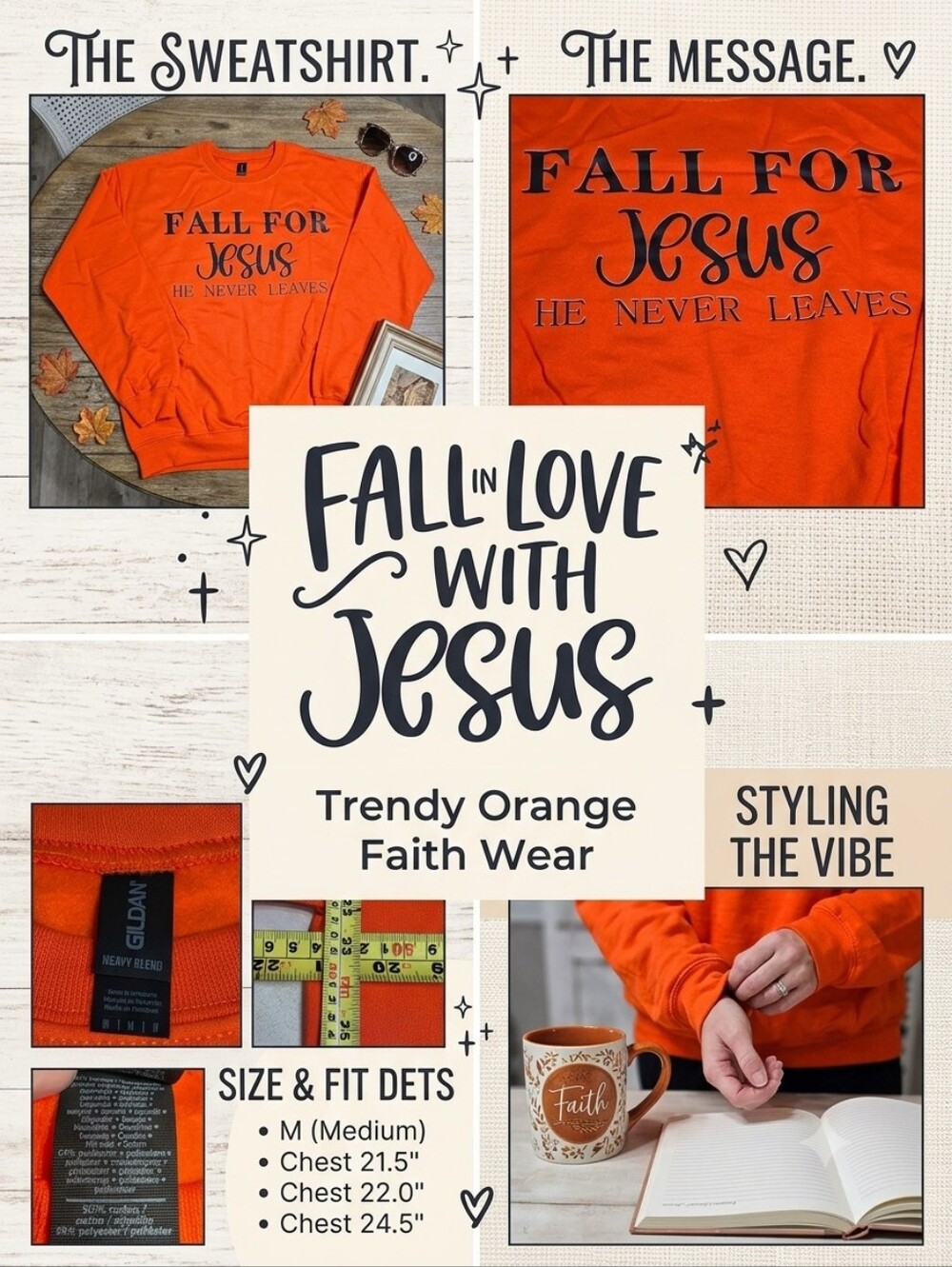Gildan Medium Orange "Fall For Jesus He Never Leaves" Crewneck Sweatshirt New
